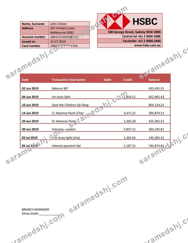 Australia HSBC bank statement template fully editable in Word and PDF format